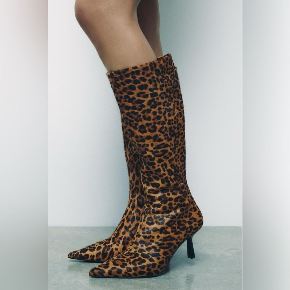 Zara Exclusive Animal print cow hide leather tall boots NWT size 9